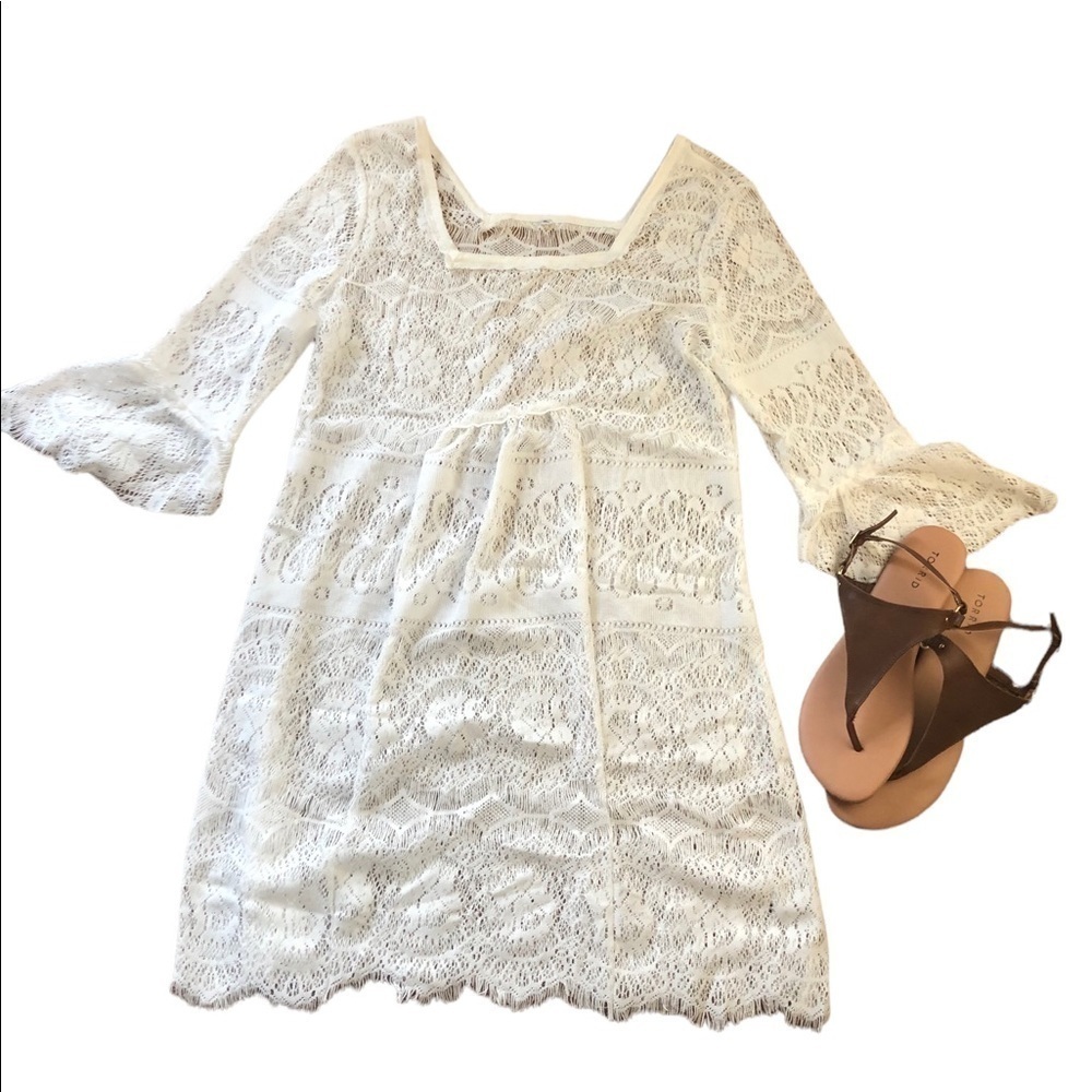White Crochet Swimsuit Swim Beach Cover Dress Up Bell 3/4 Sleeve XL Lightweight